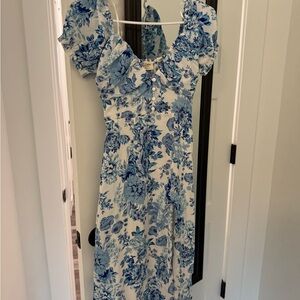 Urban Outfitters Blue and White Puff Sleeve Midi Sundress